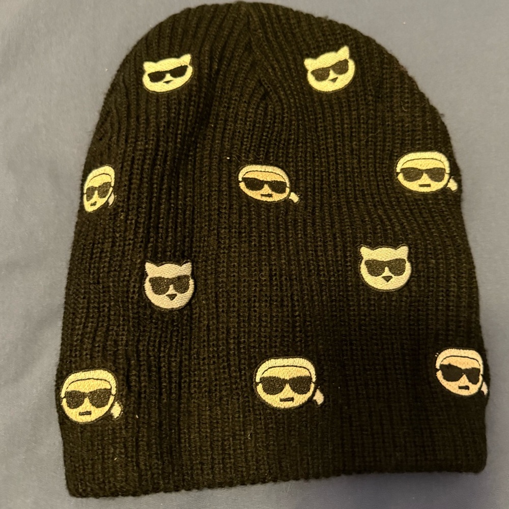 Karl Lagerfeld Black Beanie with Fun Icon Design - Picture 1 of 4